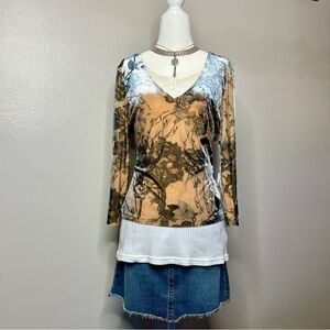 Floral Print Velvet Vintage V-Neck Long Sleeve Women Top